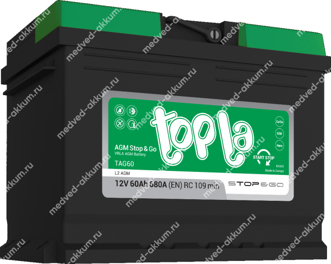 TOPLA AGM Stop&Go 60 Ач обр. L2